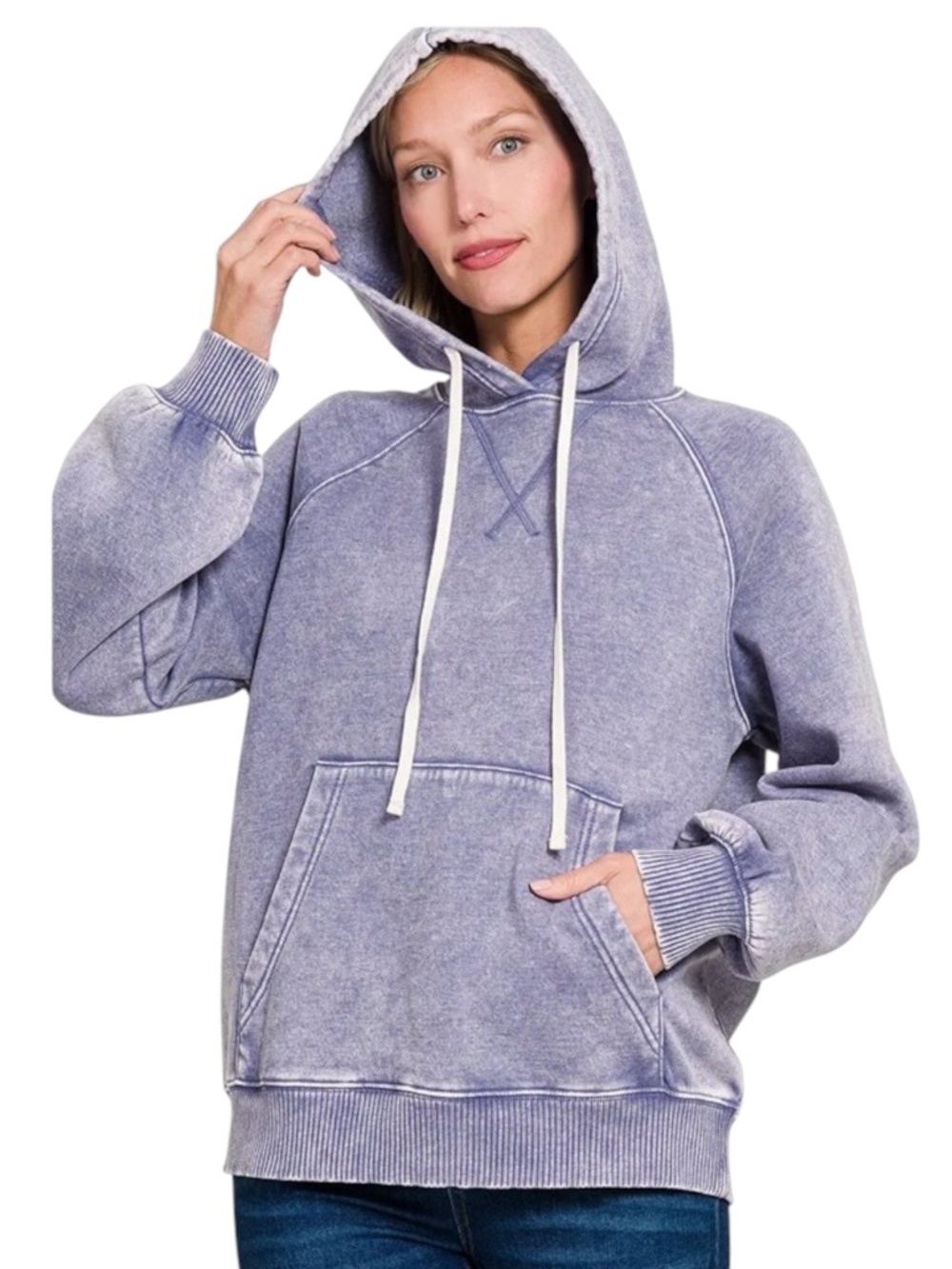 💐 Zenana Acid Wash Fleece Hoodie with Kangaroo Pocket Sizes S, M, and L New! - Picture 2 of 6